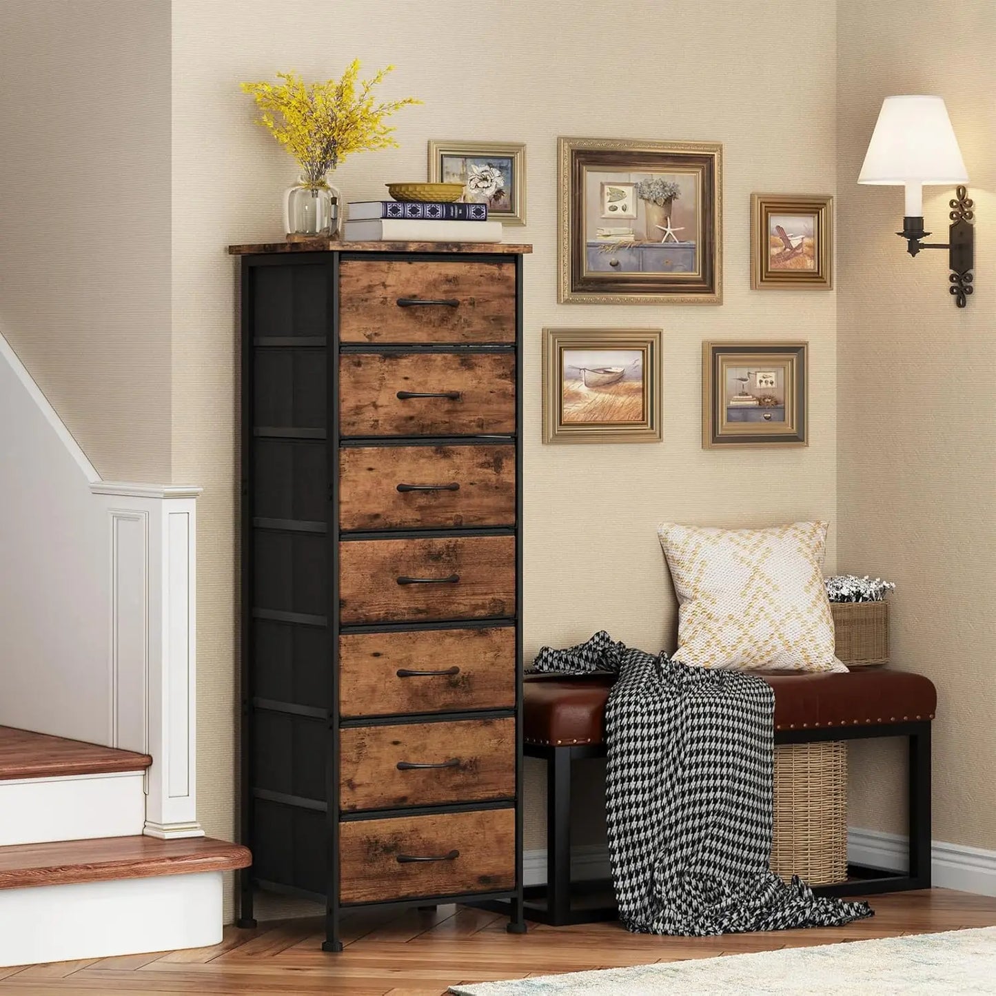 Dresser With Seven Fabric Drawers Rustic Wood Grain
