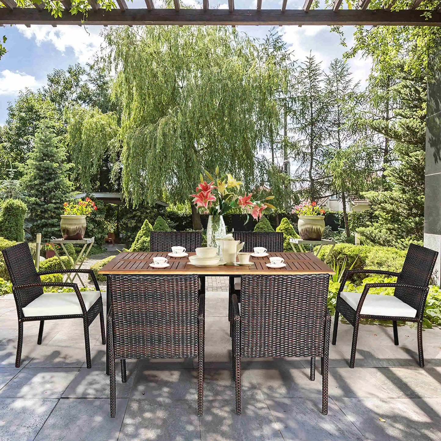 HOMASIS 7 Piece Patio Rattan Dining Set With Umbrella Hole