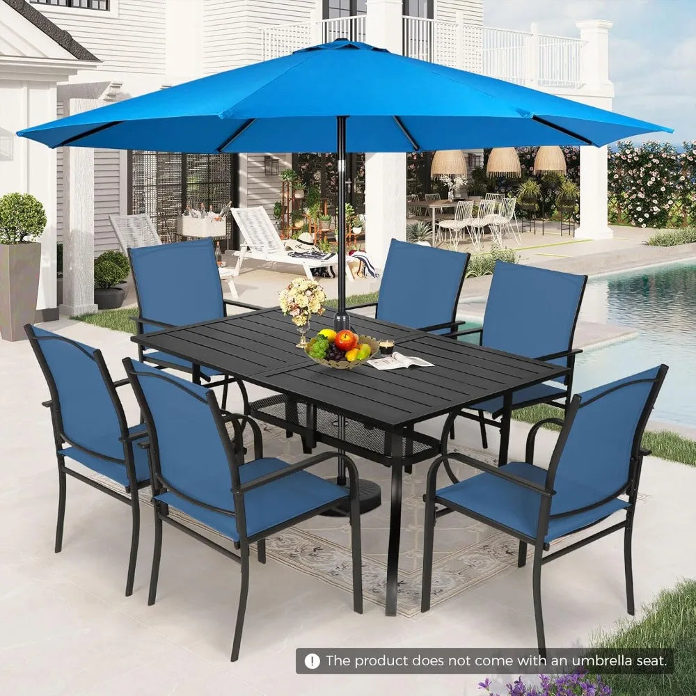 8 Piece Patio Dining Set With Umbrella And Textilene Chairs