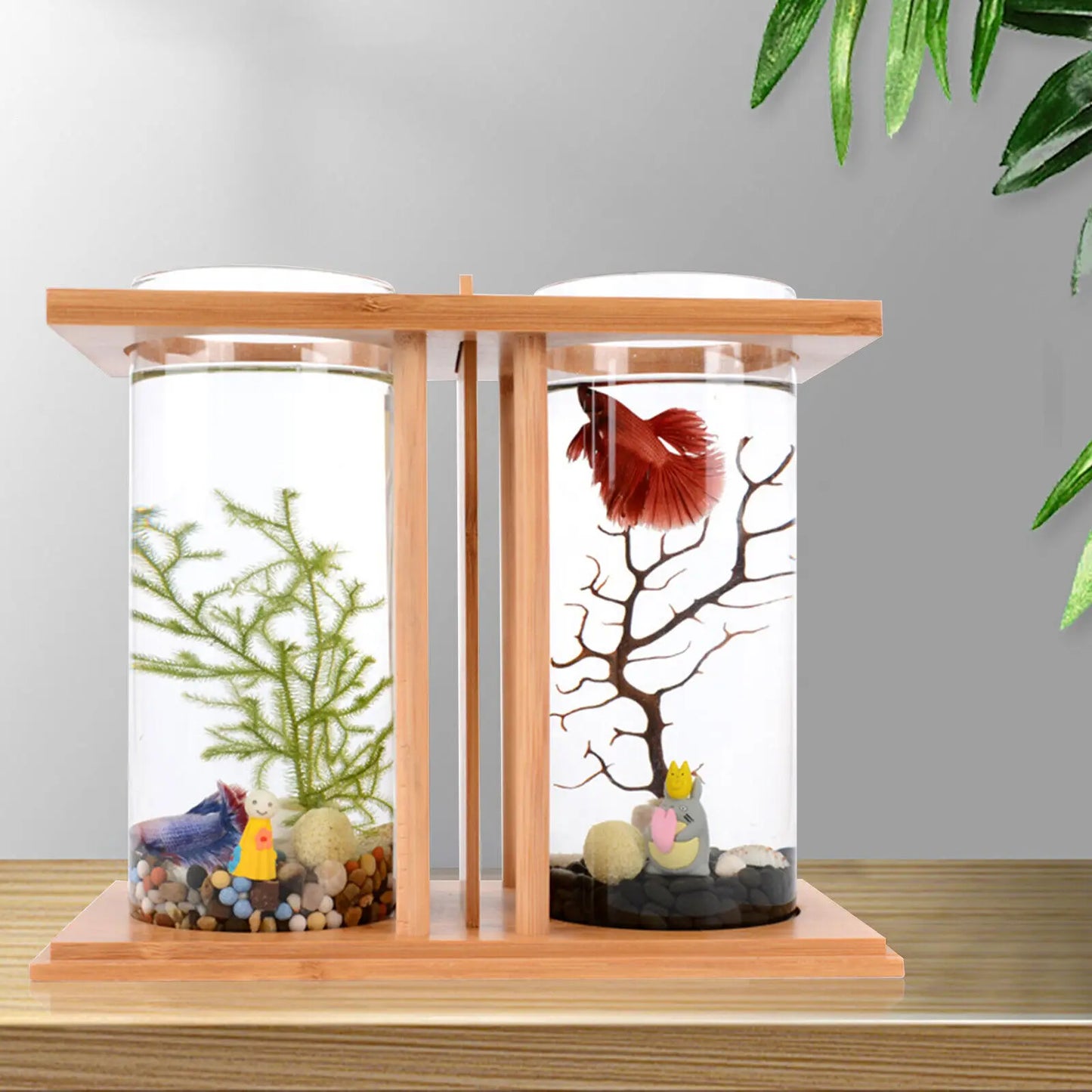 Mini Glass Betta Tank With Bamboo Base LED Desk Aquarium