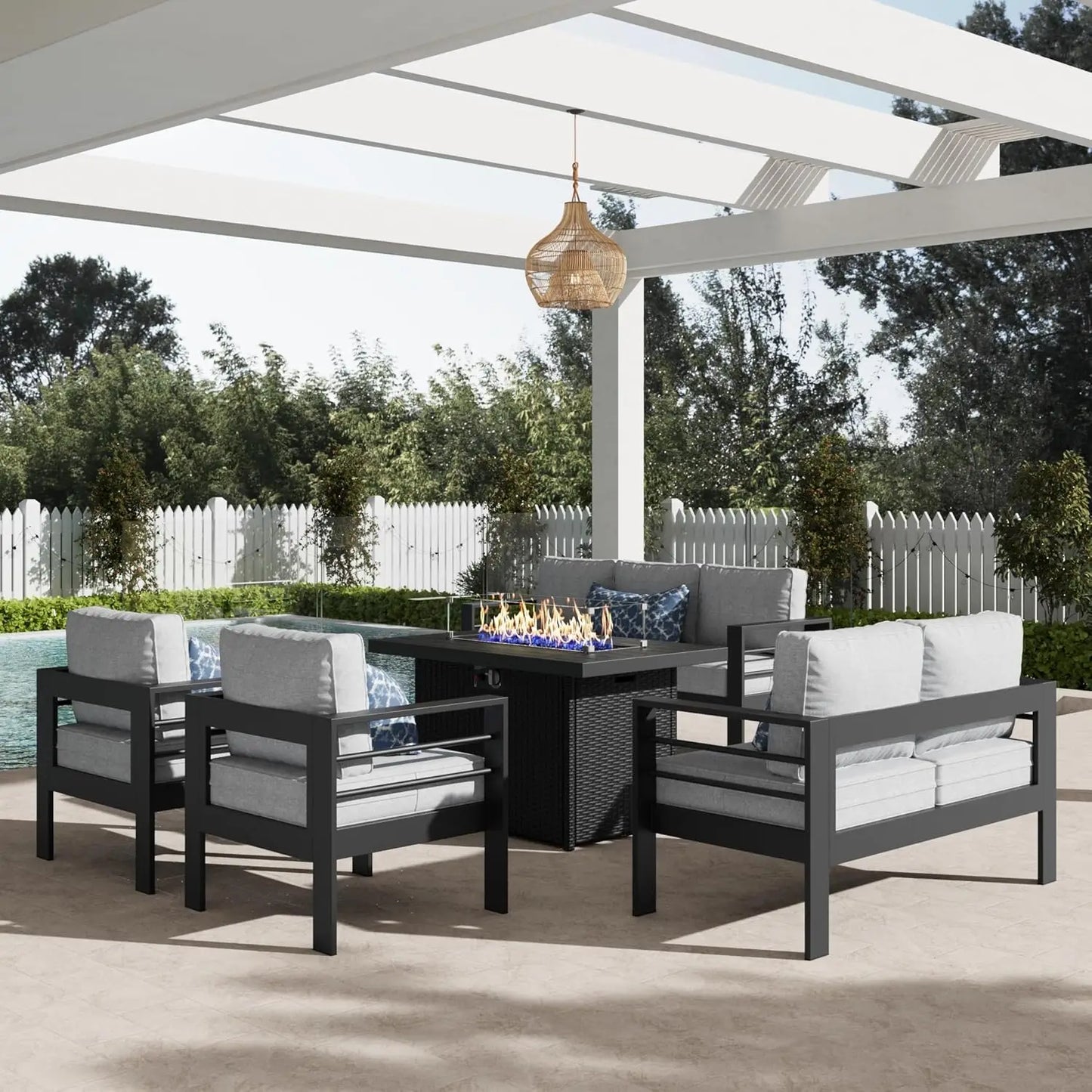 Aluminum Fire Pit Table Patio Set With Modern Sectional Sofa