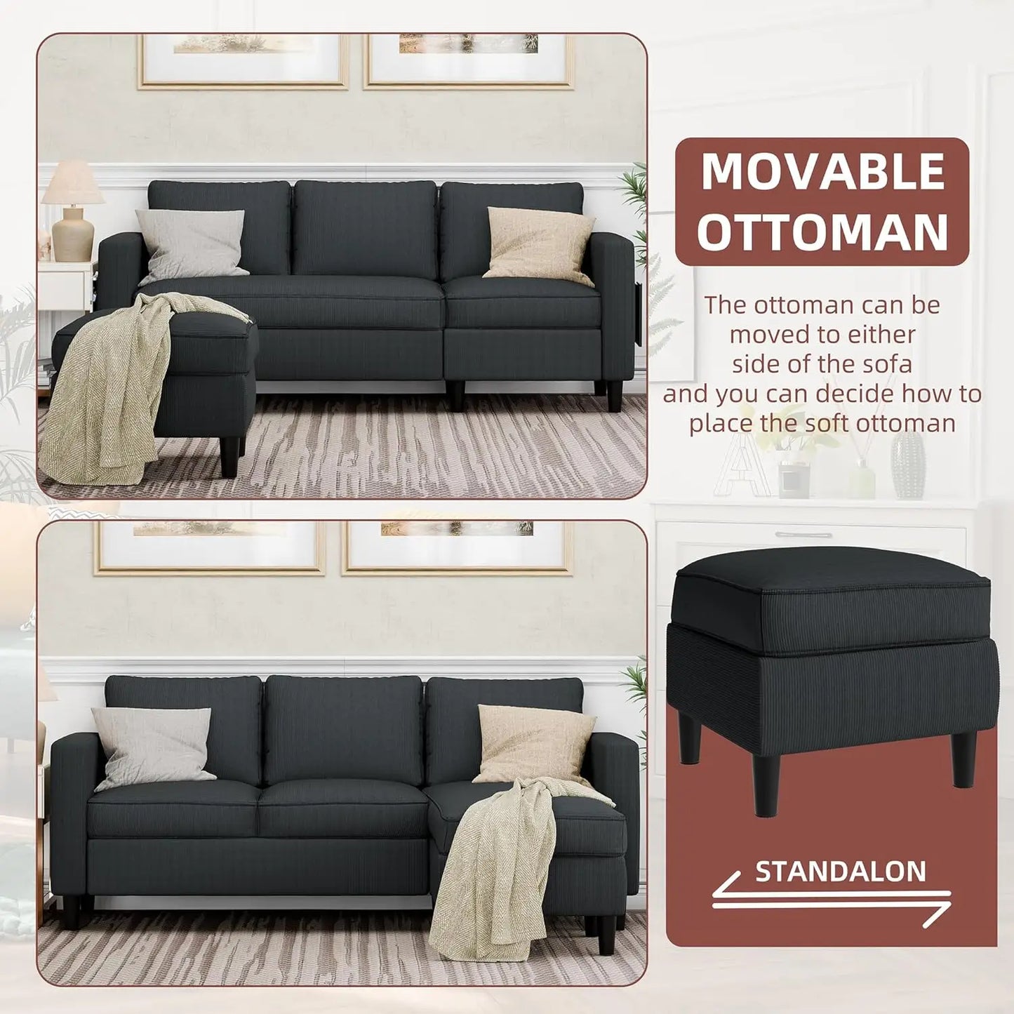 Convertible L Shaped Sectional Sofa Couch With Movable Ottoman