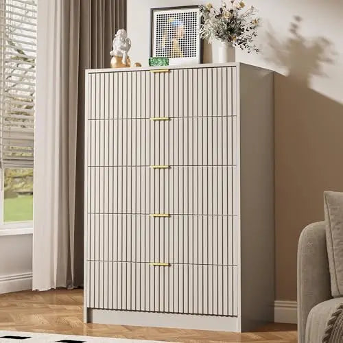 5 Drawer Tall Dresser With Metal Handles For Bedroom Storage