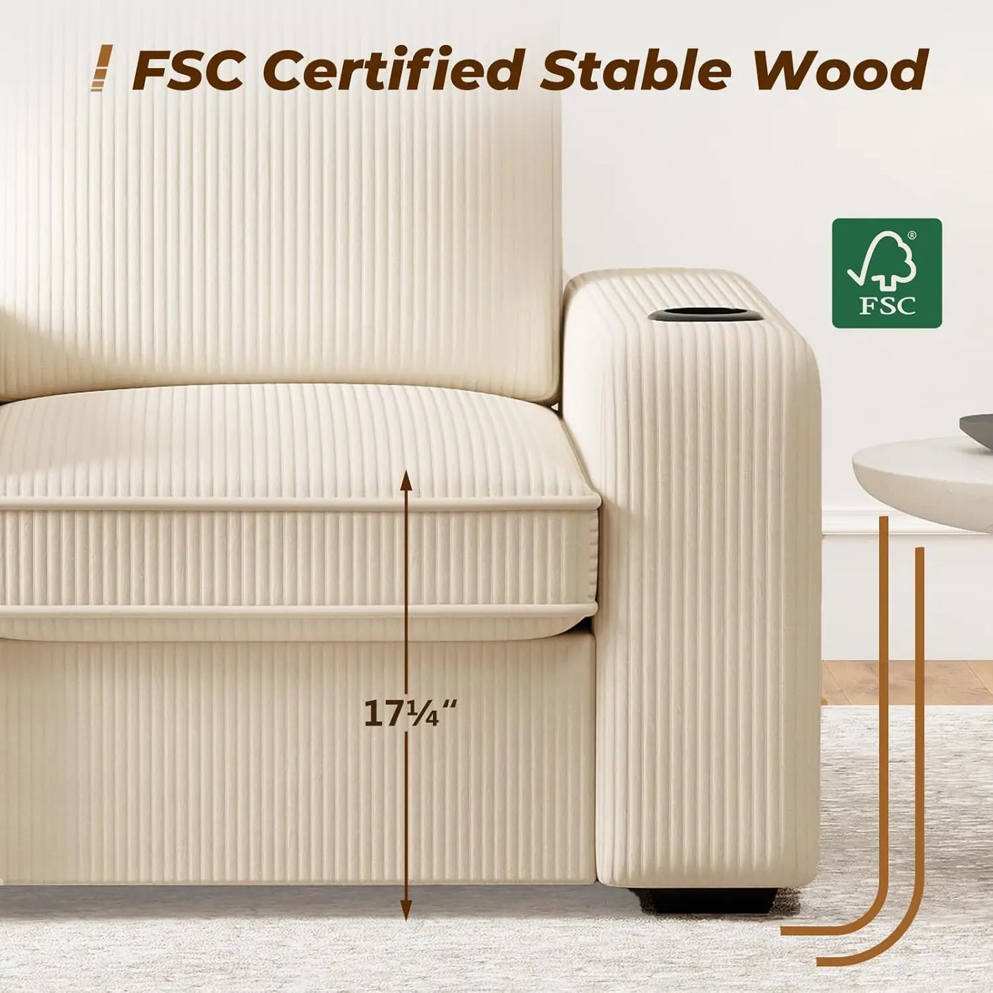 Corduroy 4 Seater Sectional Sofa Set With USB Holder 3PC