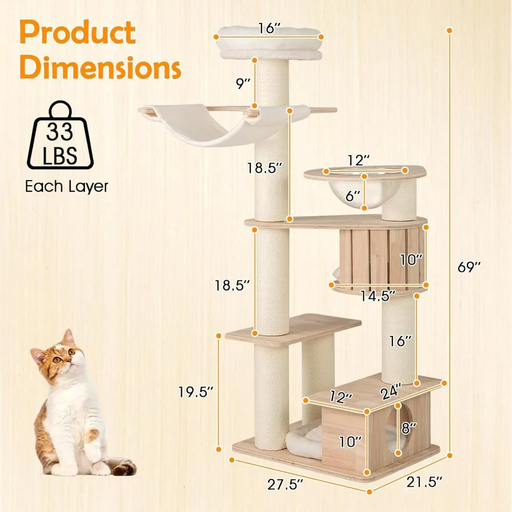 Wooden Cat Tree With Multi Level Towers And Dual Condos