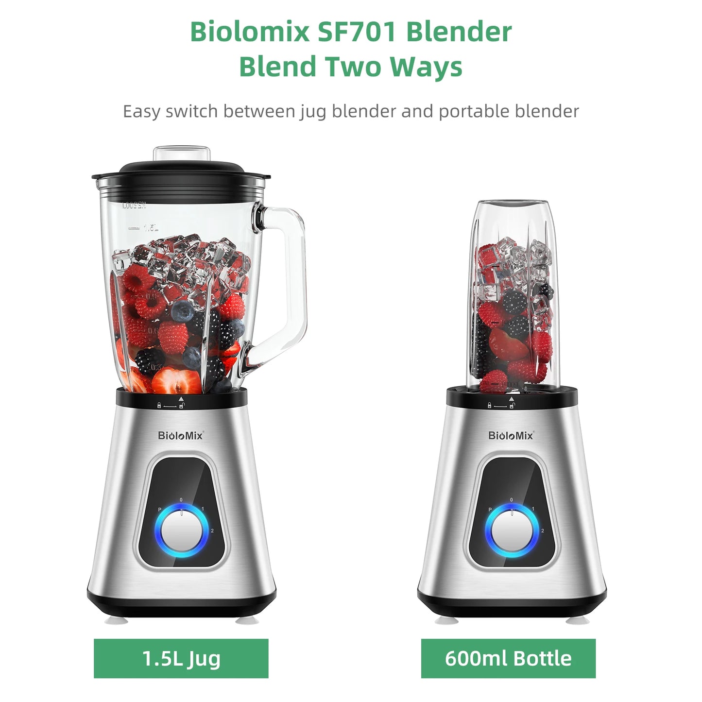 BioloMix 1300W Smoothie Maker with 1.5L Glass Jar Personal Blender for Frozen Fruit Drinks And Sauces