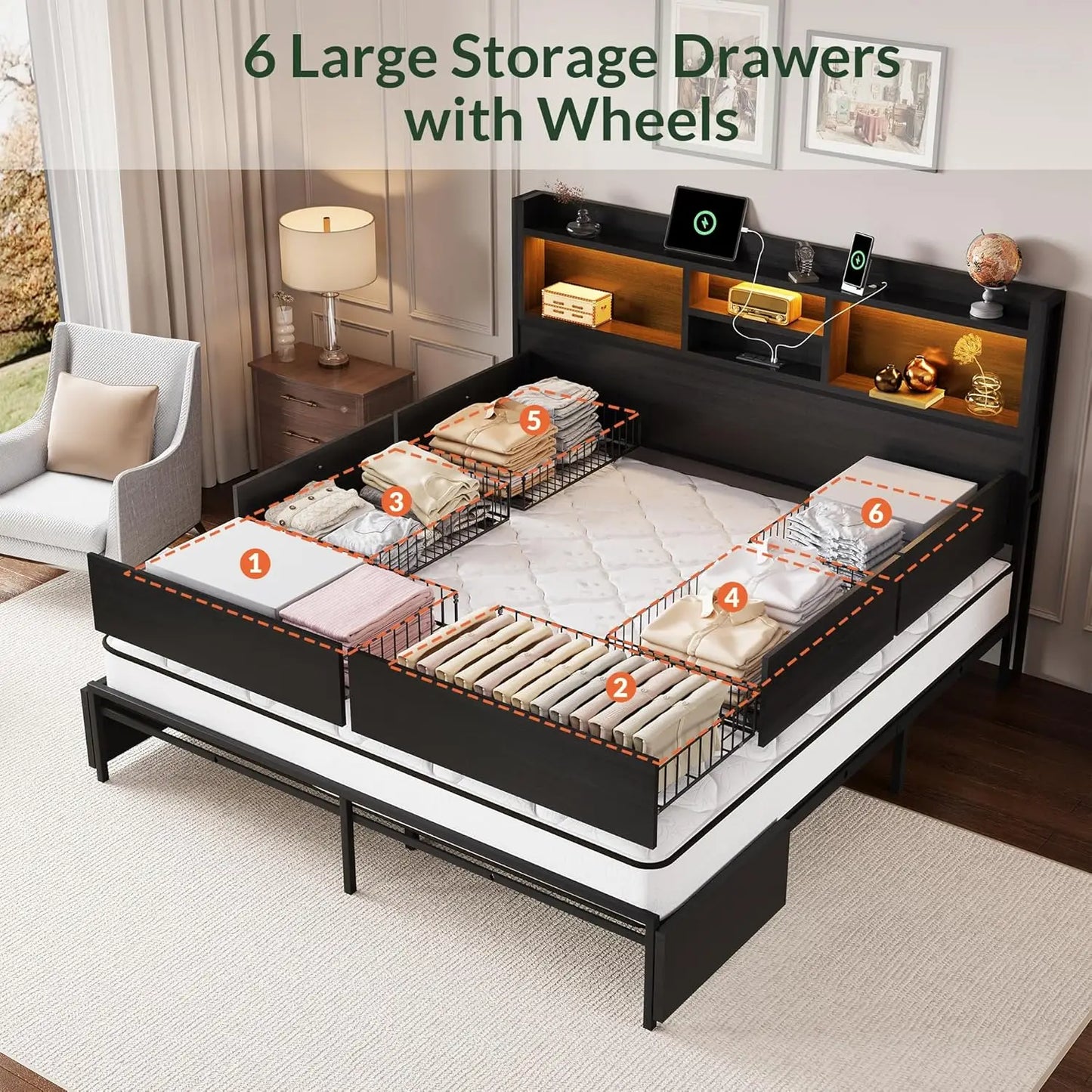 Bed Frame With 6 Drawers, LED Lights, Charging Station, Black