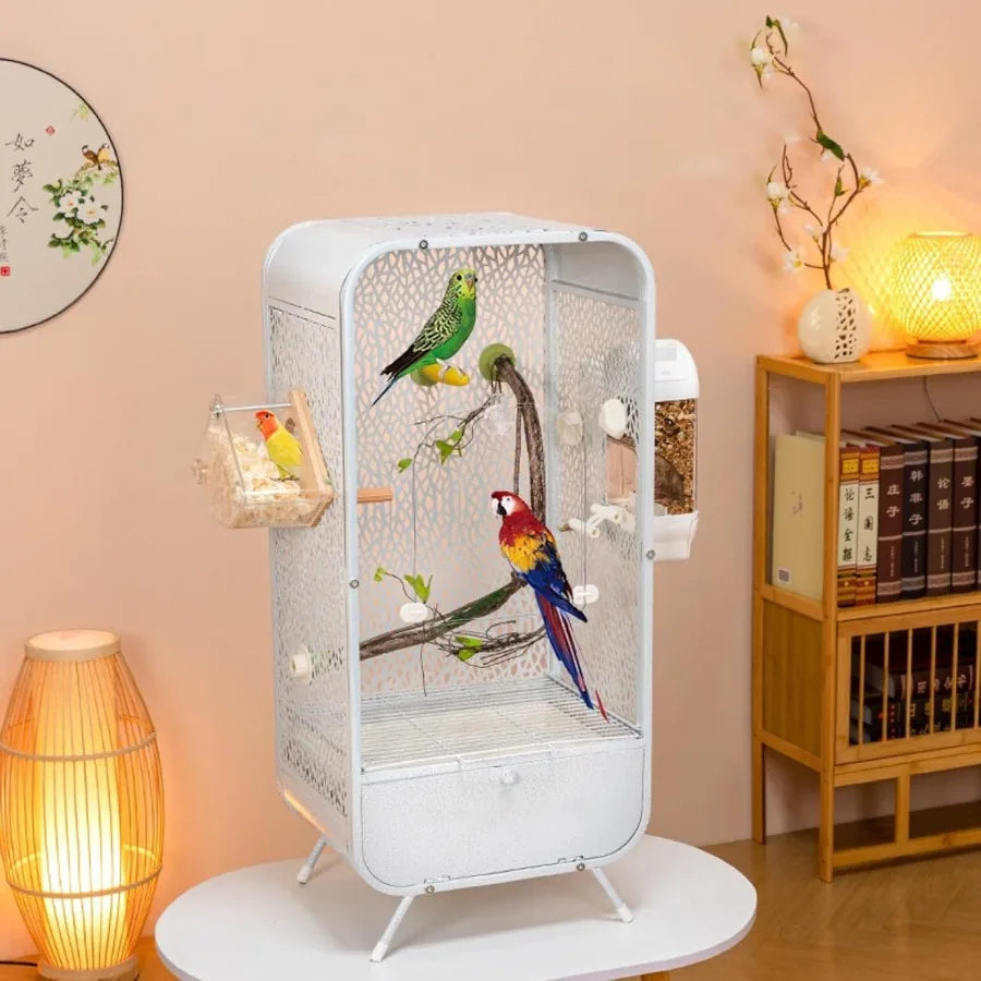 NONECN Parrot Cage With Play Top And Breeding Box Wrought Iron Rolling Base
