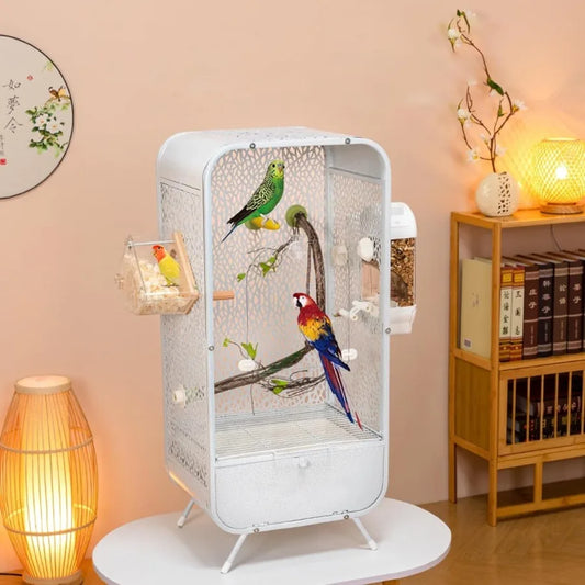 NONECN Parrot Cage With Play Top And Breeding Box Wrought Iron Rolling Base