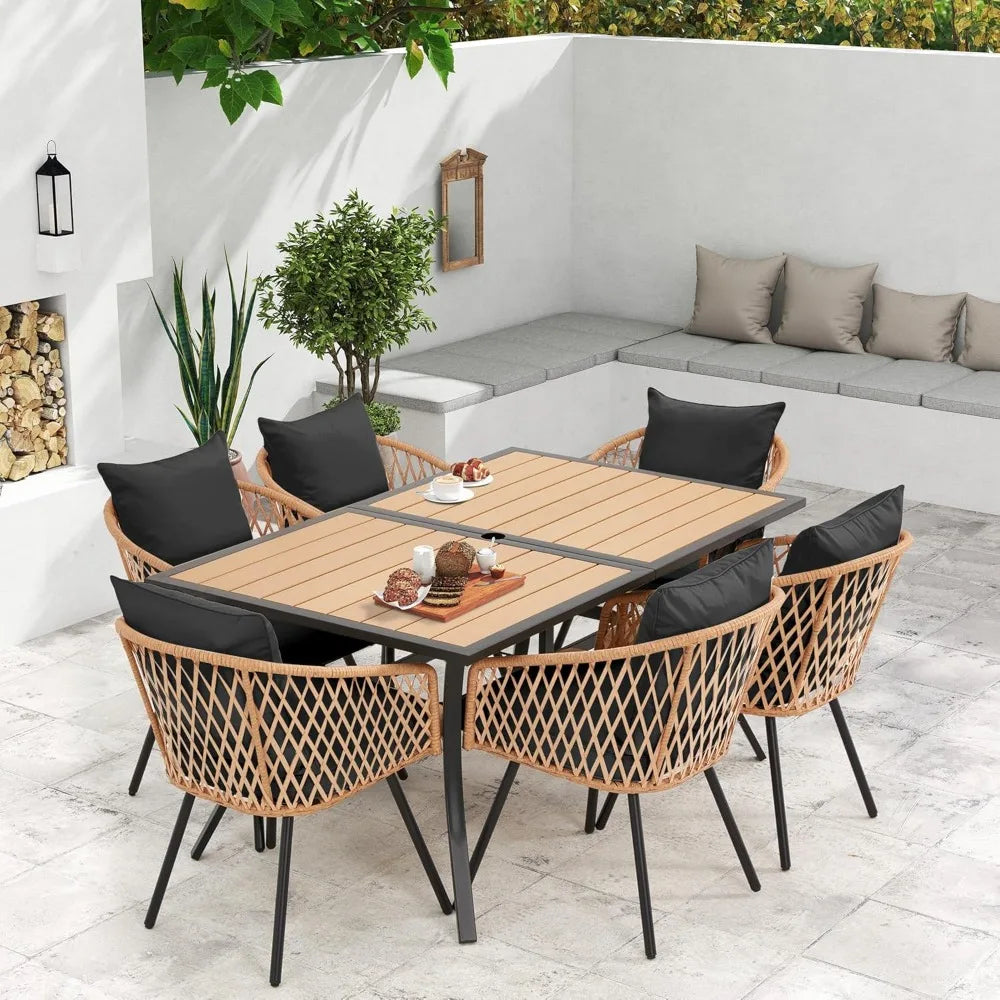 All-Weather Rattan Patio Dining Set With Wood Table Top And Cushions