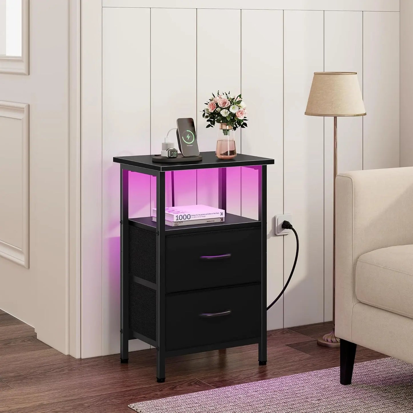 2-Piece Nightstand Set With LED Lights And USB Charging Station