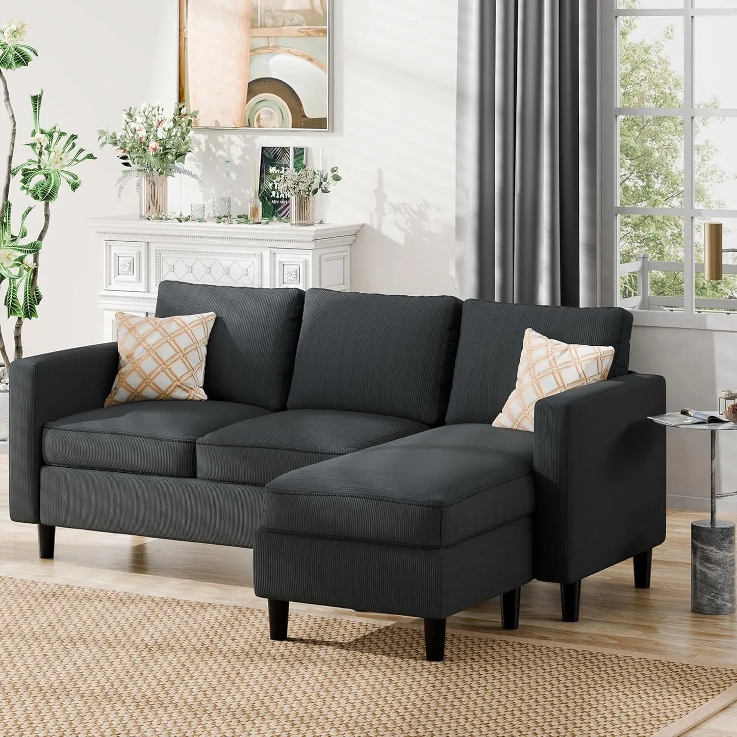 Convertible L Shaped Sectional Sofa Couch With Movable Ottoman