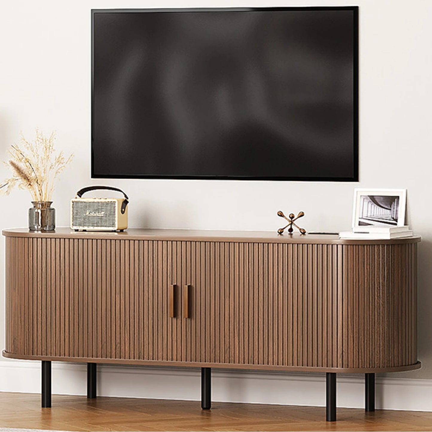 ONBRILL TV Stand With Power Outlet And Sliding Door Storage
