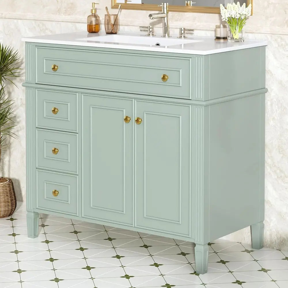 Bathroom Vanity Cabinet With Ceramic Countertop Sink Set Solid Wood Frame