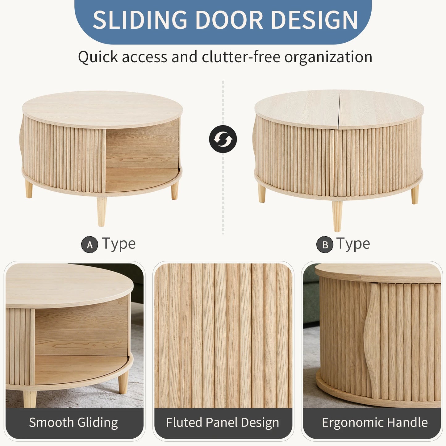JHK Round Coffee Table With Flip Top Storage 2 Tier