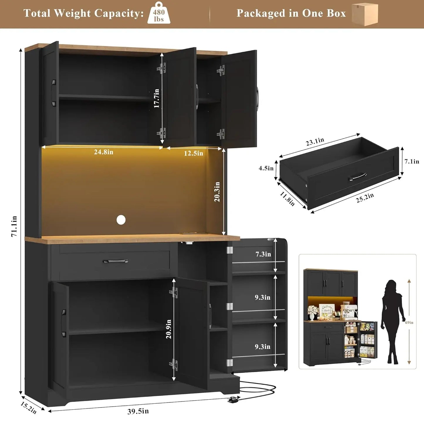 Guangbai LED Kitchen Pantry Cabinet With Power Outlet Microwave Stand