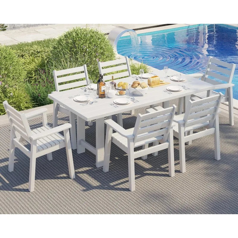 HDPE Outdoor Dining Table Set With 6 Chairs Umbrella Hole