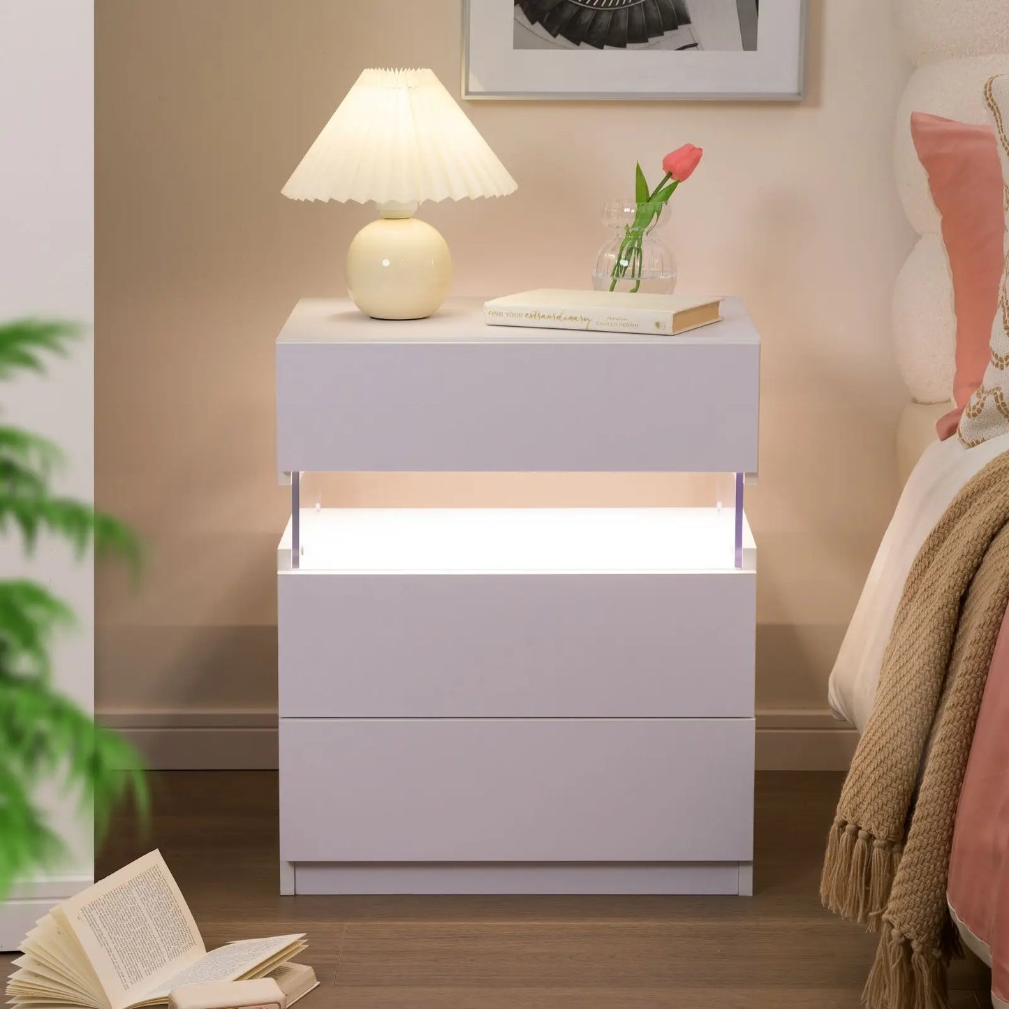 Cubehom Bedside Tables 2 Pack With Modern LED Lighting