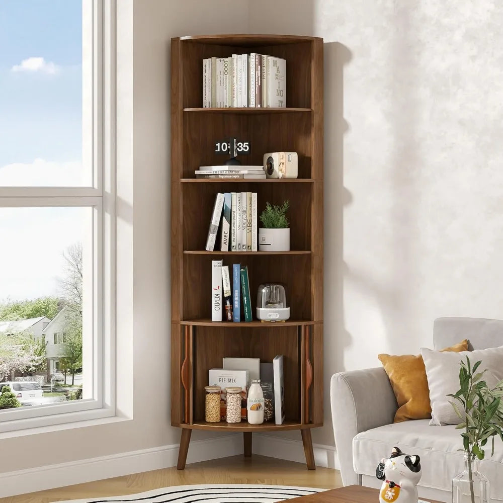 Modern 5-Tier Corner Shelf Bookcase With Fluted Doors