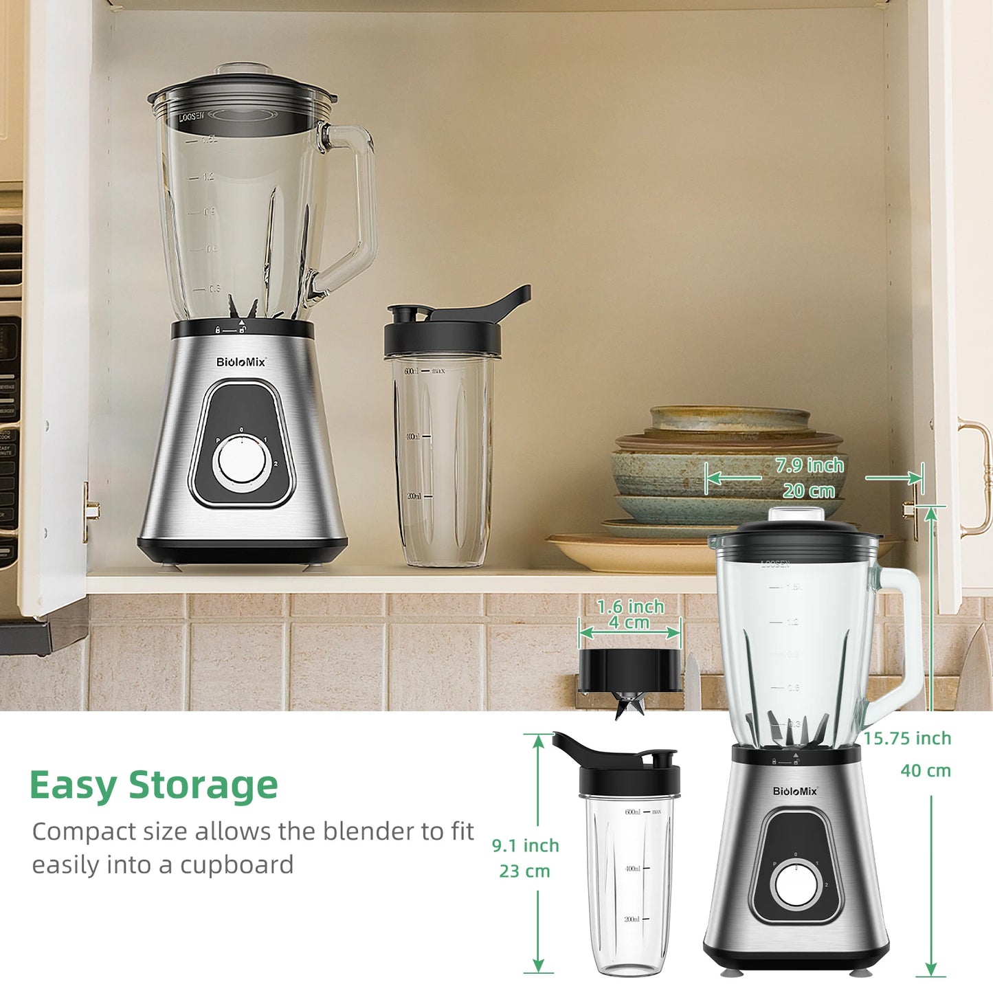 BioloMix 1300W Smoothie Maker with 1.5L Glass Jar Personal Blender for Frozen Fruit Drinks And Sauces