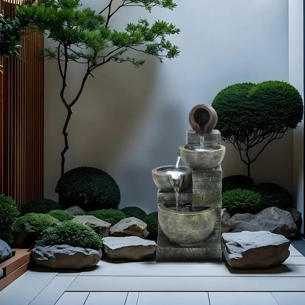 Rockery Waterfall Fountain Outdoor 4 Tier Cascading Bowls Led Light