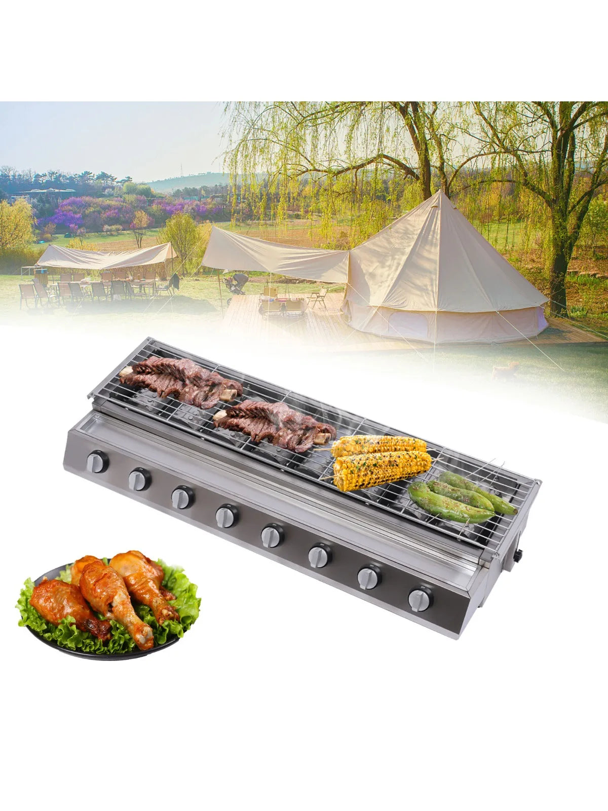 Outdoor 8 Burner Gas Grill Tabletop Stainless Steel For Camping