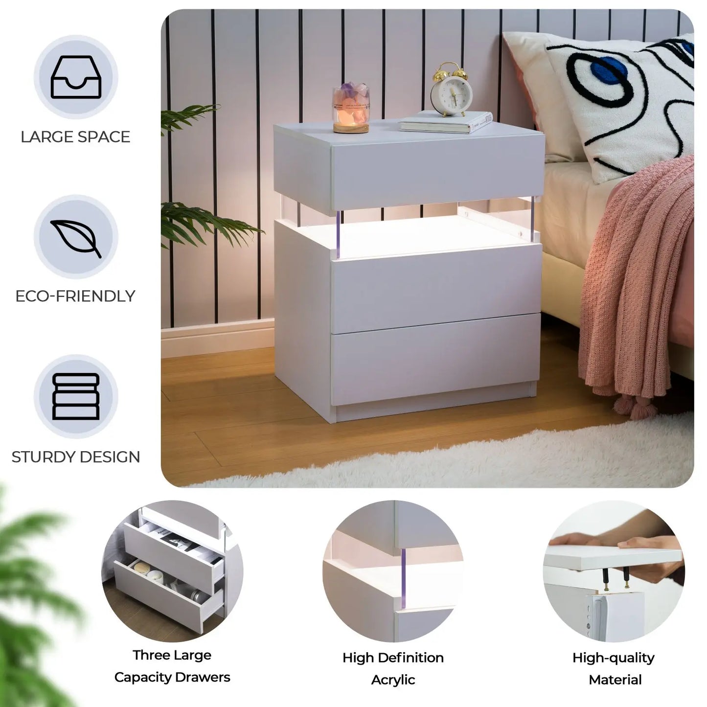 Cubehom Bedside Tables 2 Pack With Modern LED Lighting