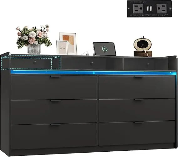 Nine-Drawer LED Dresser With Power Outlets For Bedroom