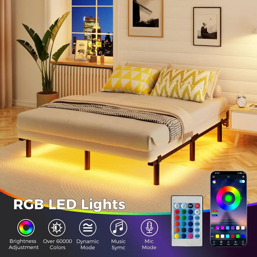 Queen Bed Frame With Smart LED Lights For Modern Bedroom