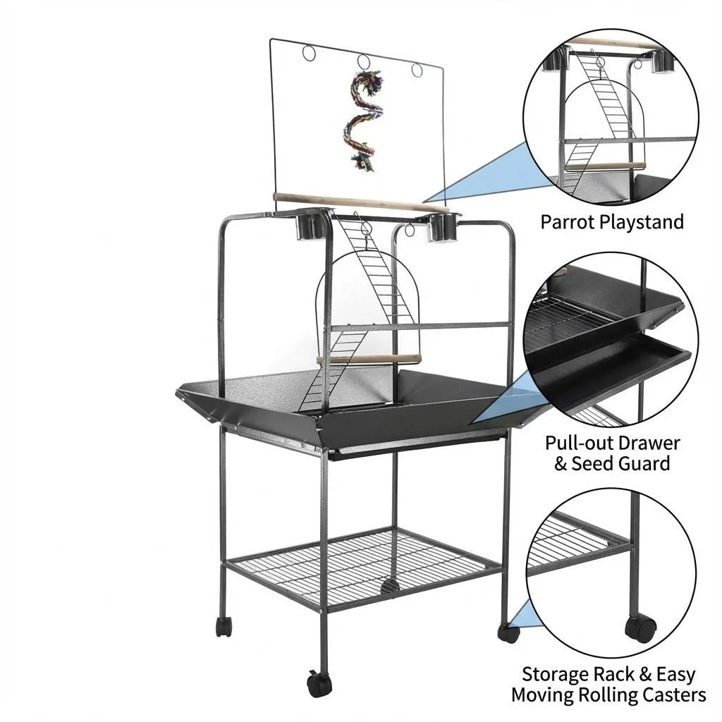 HiMISSCN Bird Playstand Parrot Stand On Wheels With Feeding Station