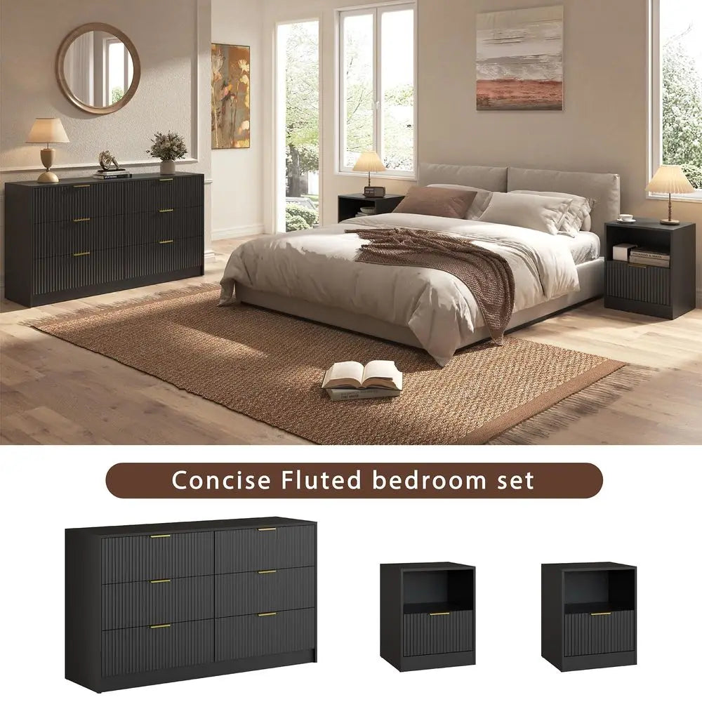 Modern Bedroom Furniture Set With 6 Drawer Dresser And Nightstands