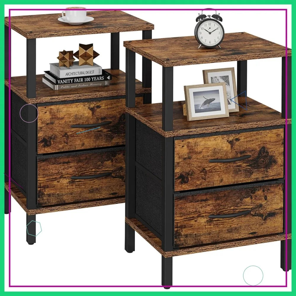 Set Of 2 Nightstands With Fabric Drawers Modern End Tables