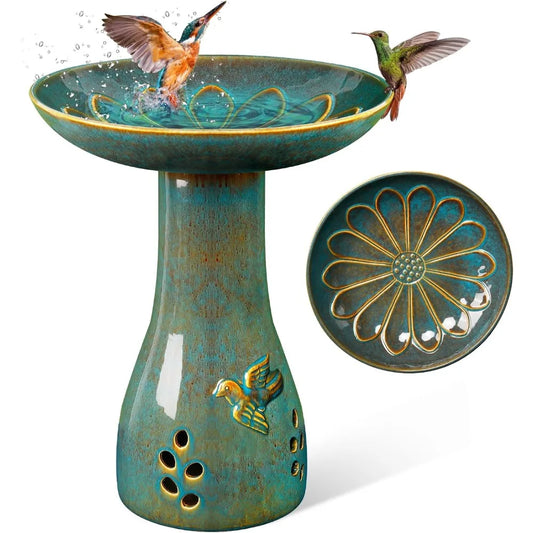 Ceramic Bird Bath Outdoor Weather Resistant Garden Decor Attracts Birds