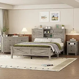 RBXC 3 Piece Farmhouse Bedroom Set With Double Sliding Doors