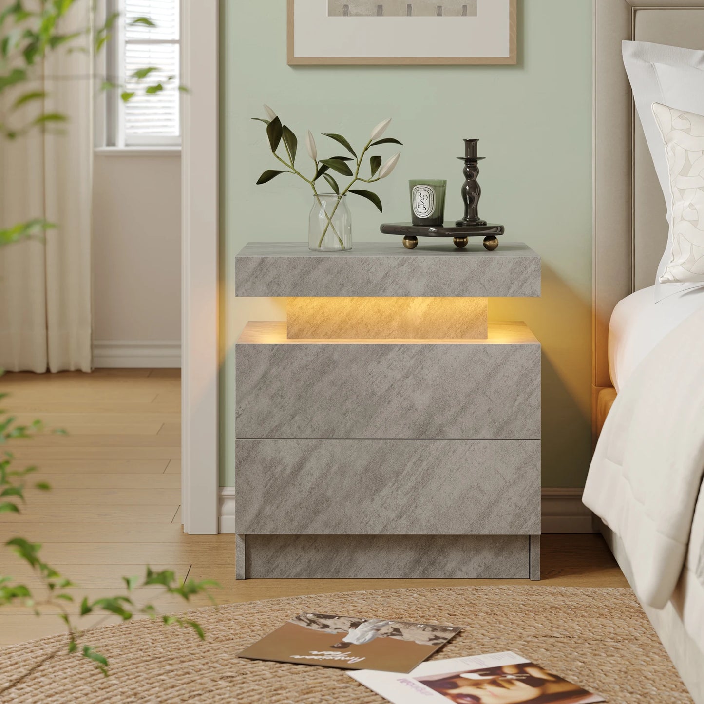 Cubehom LED Nightstands With 2 Drawers Modern Bedroom End Table