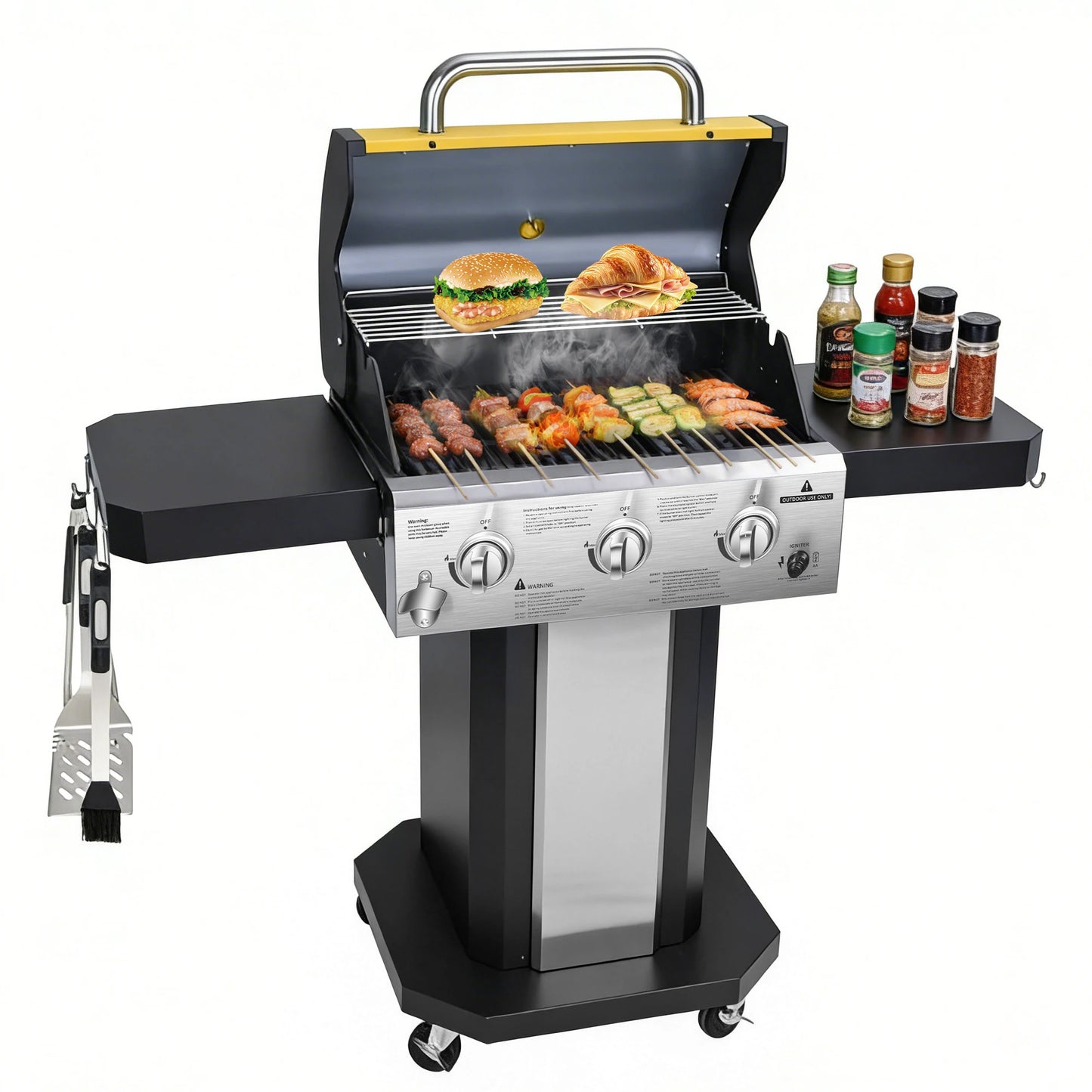 Propane 3-Burner Gas Grill With Warming Rack 30,000 BTU