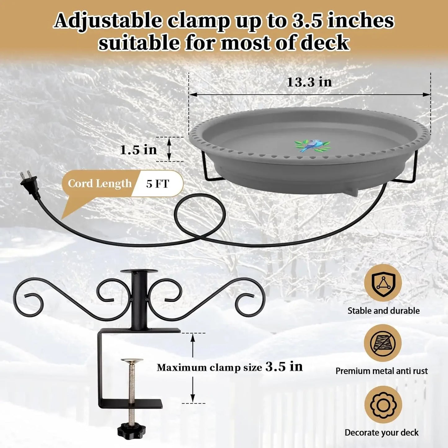 100W Thermostatically Heated Bird Bath for Outdoor Deck Railing