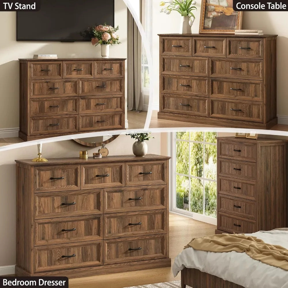 Nine Drawer Dresser And TV Stand In Modern Walnut Finish