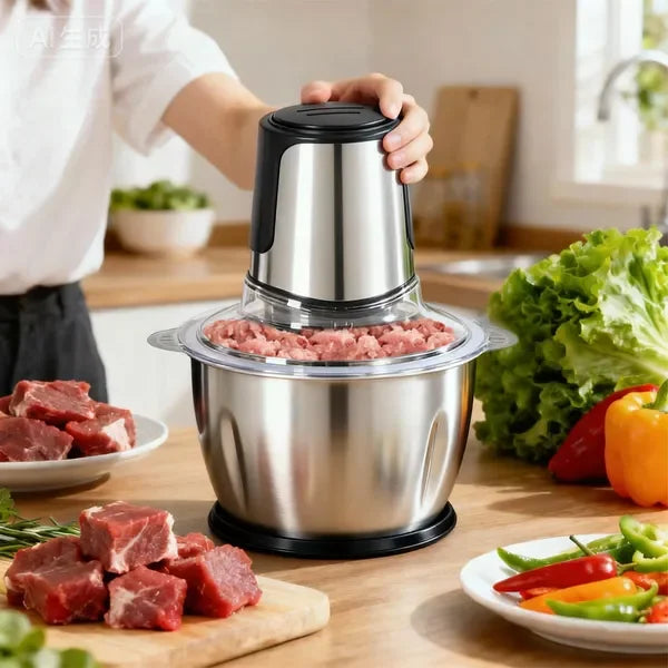 Electric Food Processor With Dual Bowls For Meat And Vegetable