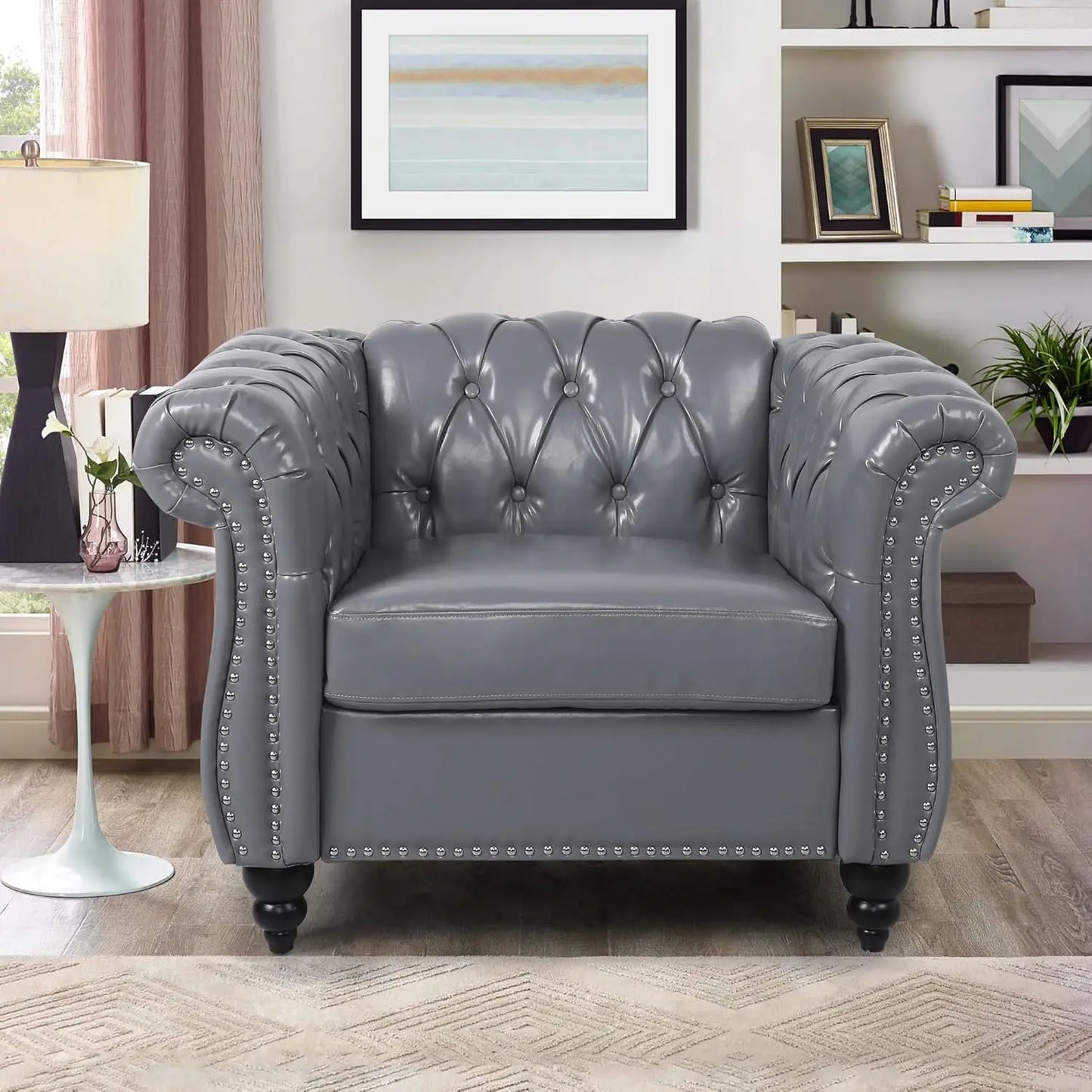 Modern Tufted Faux Leather Living Room Sofa Set With Button Nailhead Scroll Arms