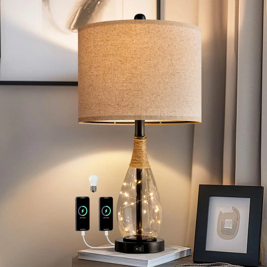 Modern Rattan Table Lamp With USB Charging Nightstand Light