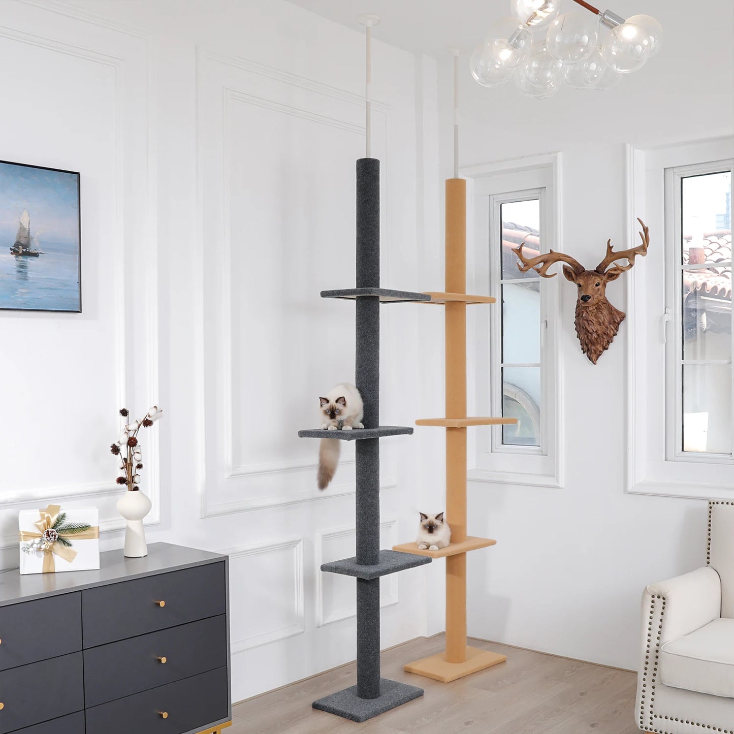 PEQULTICN Adjustable Height Cat Tree FloorCeiling With Scratching Posts
