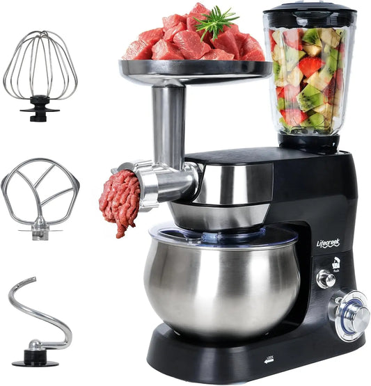 3-in-1 Multifunctional Stand Mixer, 5.3Qt 660W, 6-Speed Tilt-head with Stainless Steel Bowl, Meat Grinder, Juice Blender