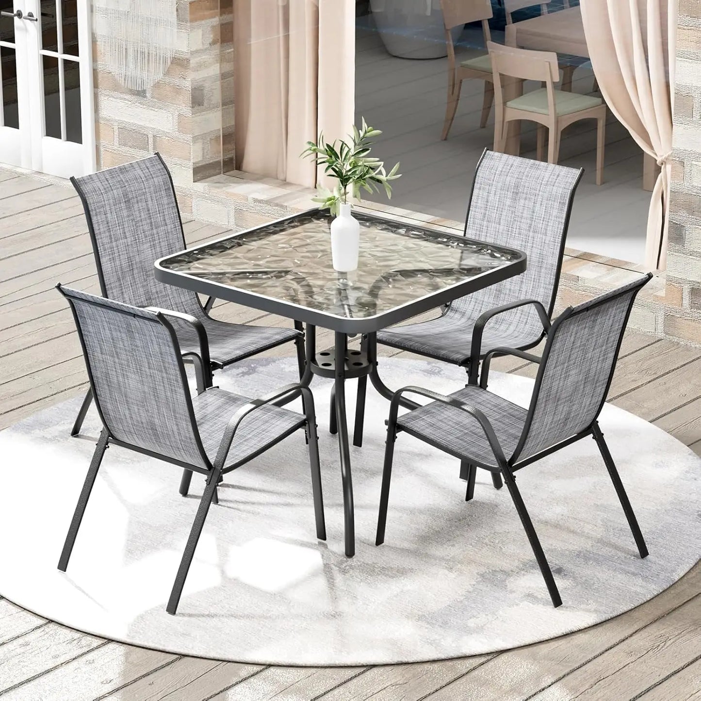 5-Piece Outdoor Patio Dining Set With Glass Table And Textline Chairs