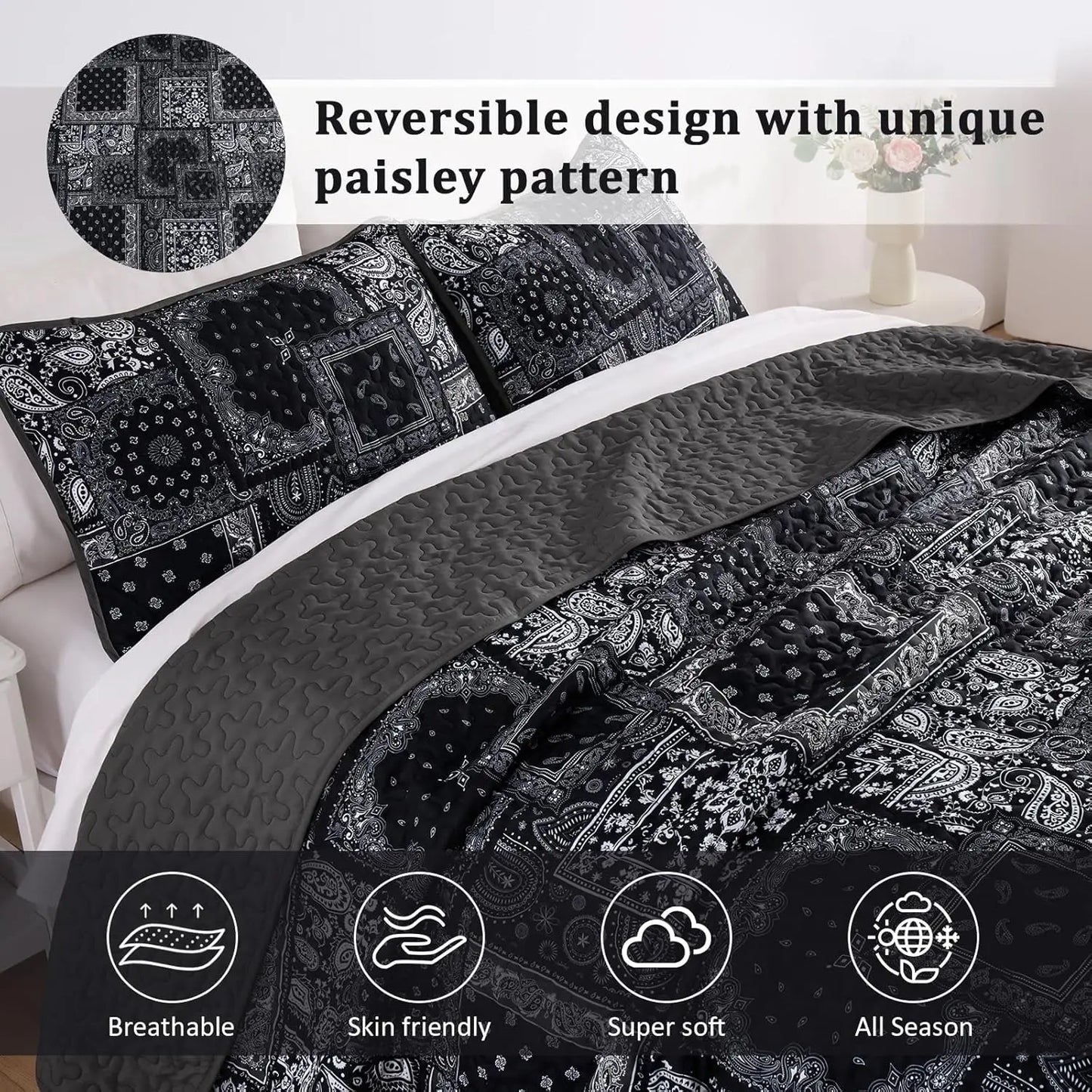 Patchwork Quilt Set Silk with Goose Down Paisley Floral