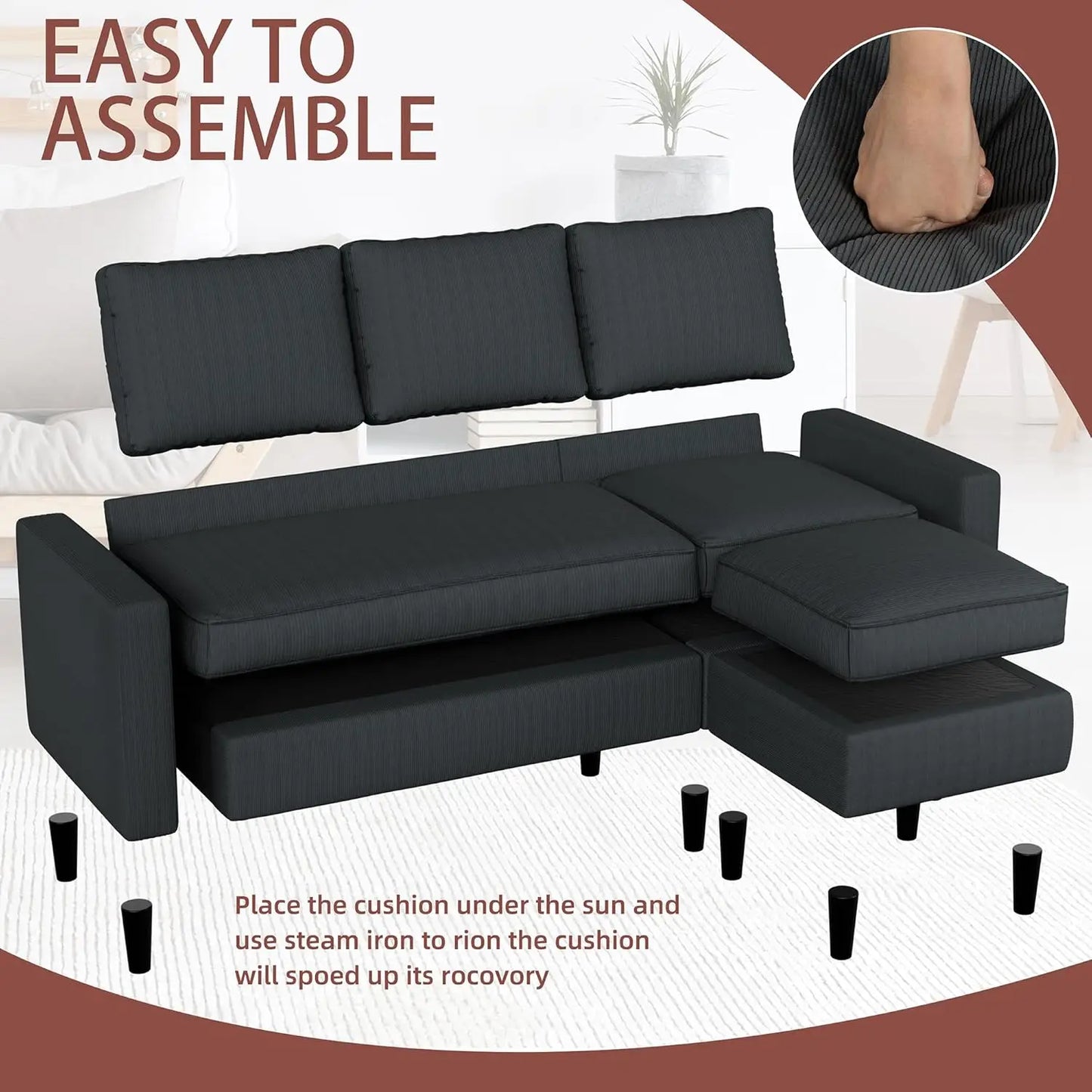 Convertible L Shaped Sectional Sofa Couch With Movable Ottoman