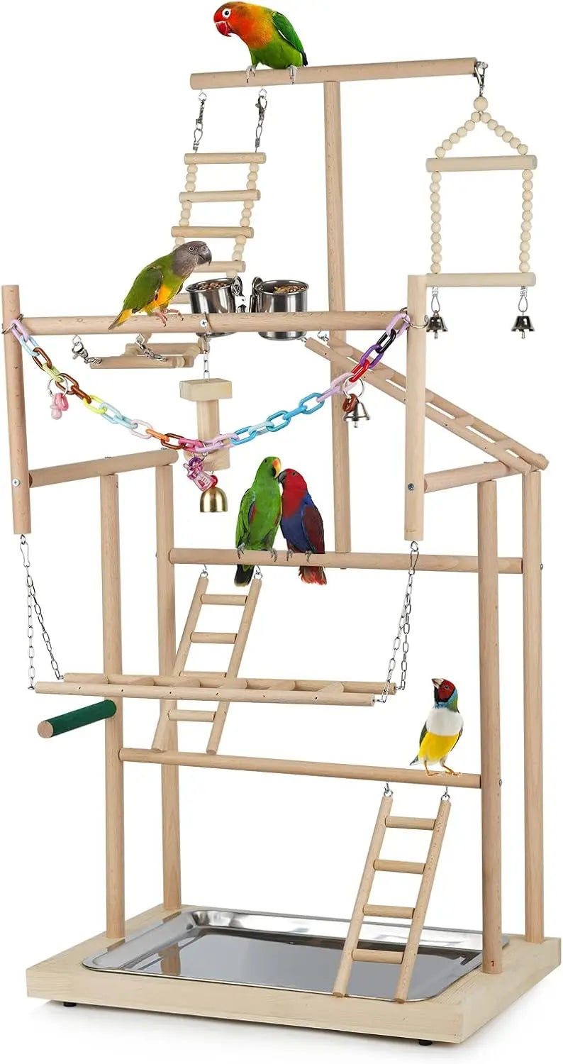 Wooden Parrot Playstand With Feeder Cups And Bells