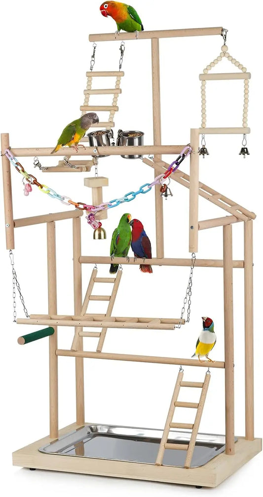 Wooden Parrot Playstand With Feeder Cups And Bells