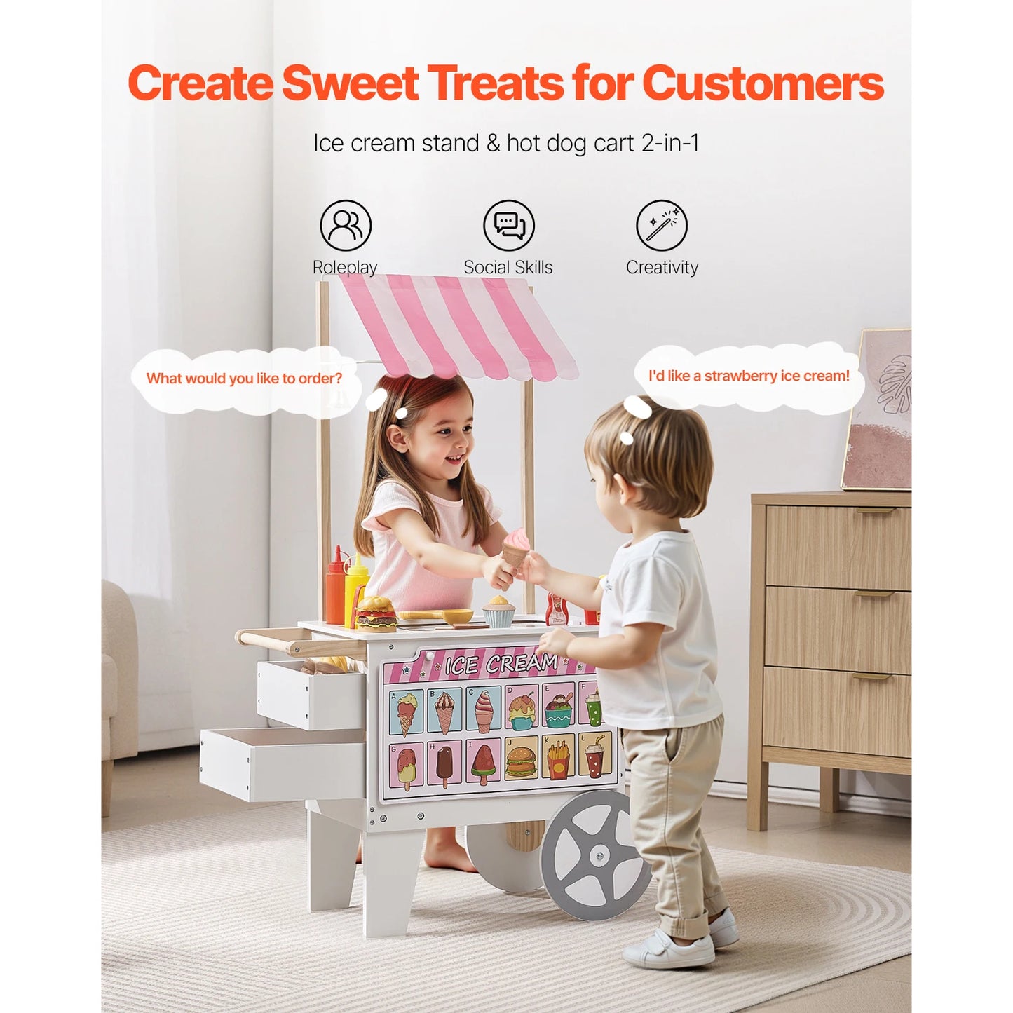 SucceBuy Kids Ice Cream Cart Playset With 20+ Accessories