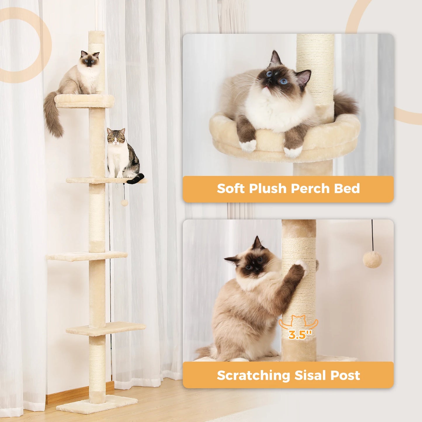 PEQULTICN Adjustable Height Cat Tree FloorCeiling With Scratching Posts